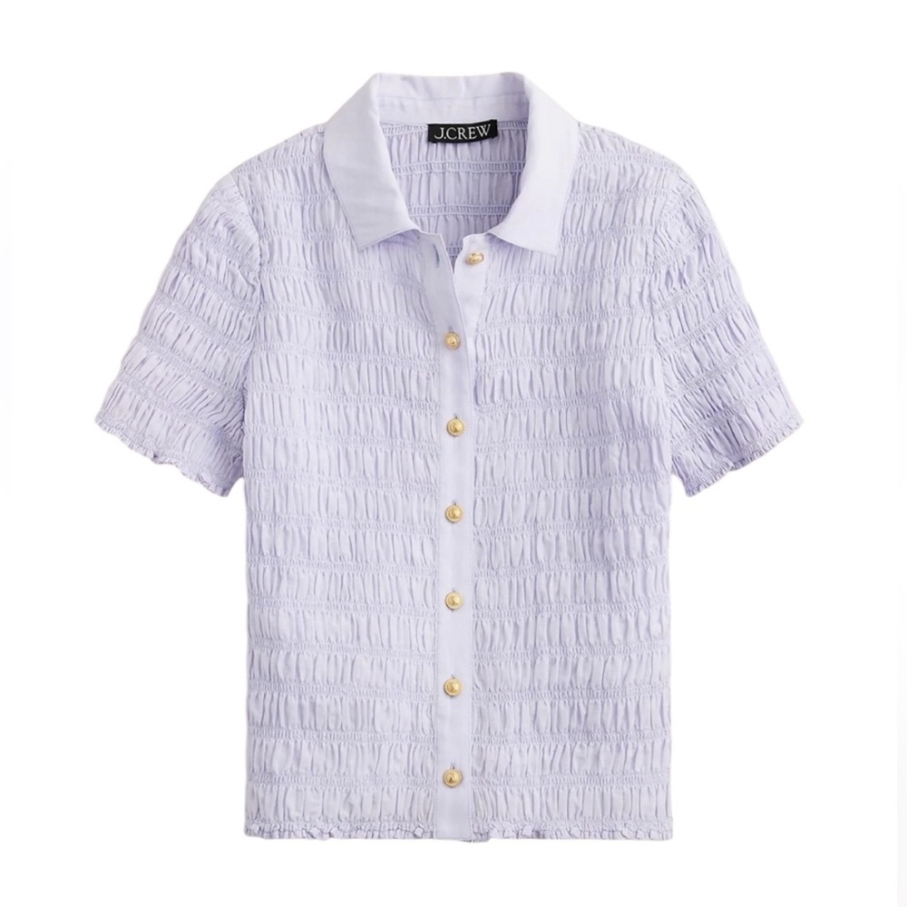 NWT J. Crew Smocked Gold Button Up Cotton Voile Blend Shirt in Peri Breeze - L